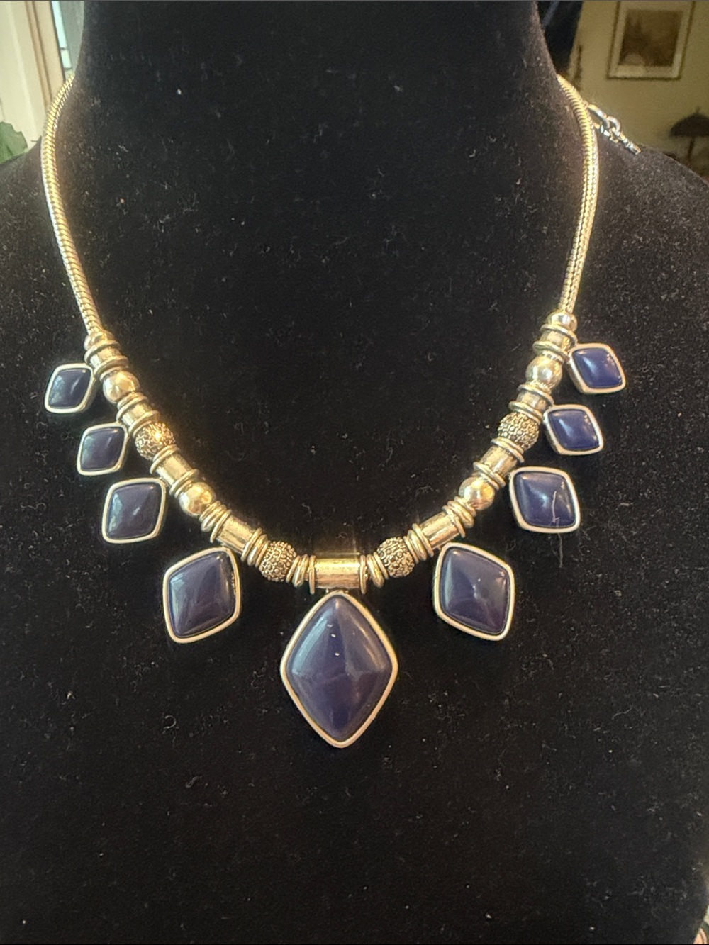 Lucky brand silver tone Necklace with lapis Blue Gem Accents